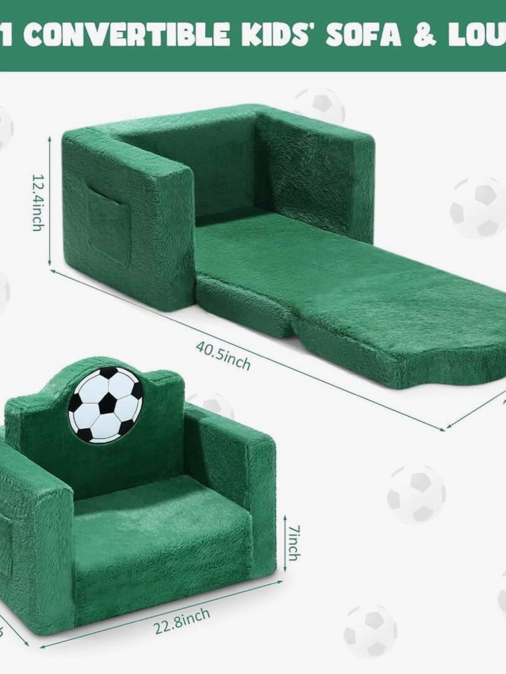 Plush Green Convertible Kids Sofa Bed with Soccer Back